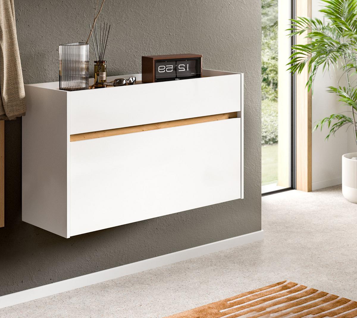 SCHUHKIPPER weiß und Eiche Artisan, Schuhschrank mit Schublade, hängend 110 x 61 cm - Weiß/Eiche Artisan, Holzwerkstoff (110/61/32cm) - Inn.Furn