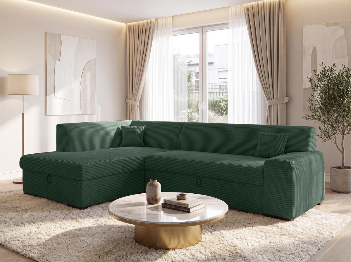 ECKSOFA L Form Minosa Flaschengrün 260/175/71 cm Links mit Schlaffunktion - Dunkelgrün/Schwarz, Kunststoff/Textil (260/175cm) - AX Living