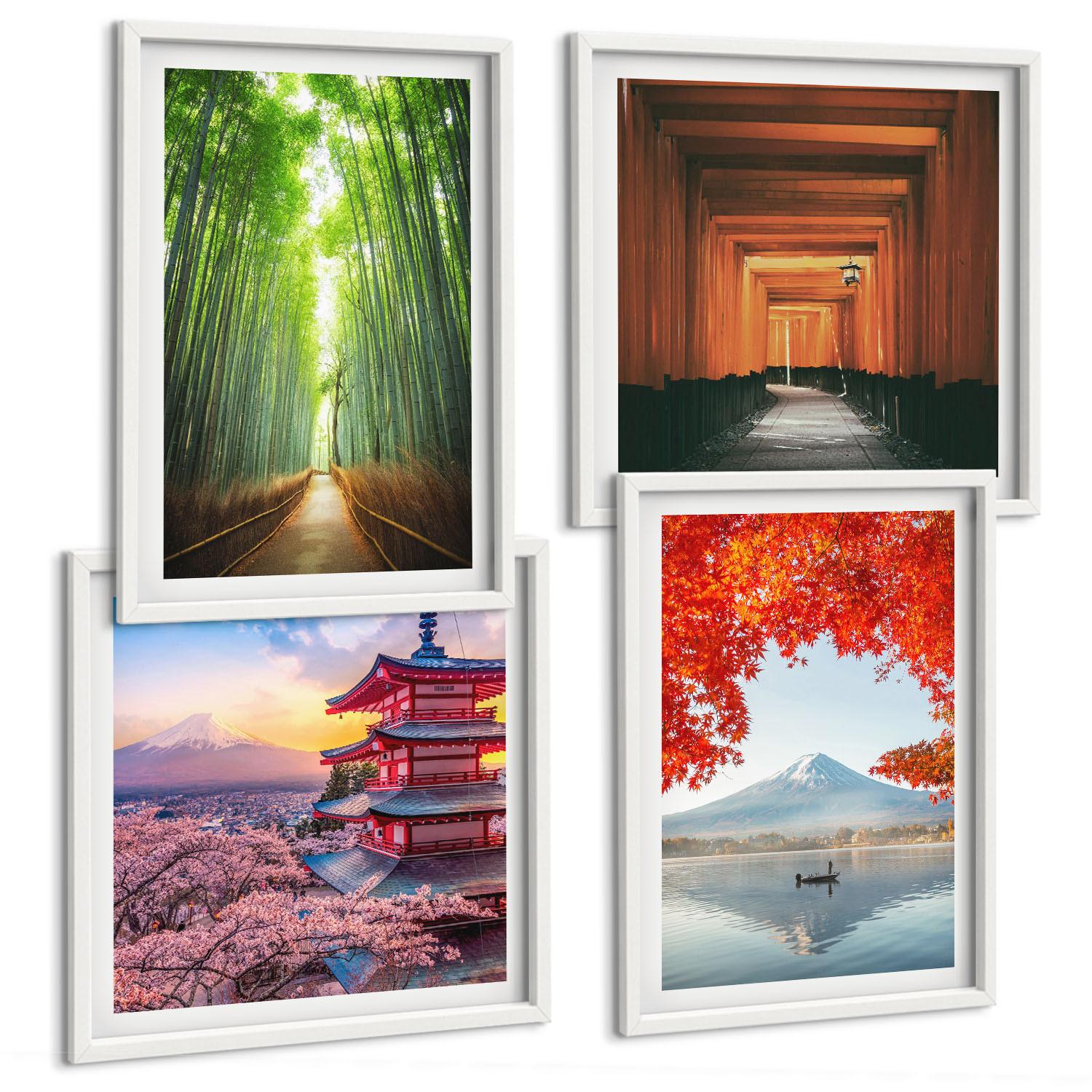 BILDER SET 4er Set - 50x50 cm & 40x60 cm Weißer Rahmen - Fuji-Torii-Bambuswald, Japan - Weiß, Kunststoff (50/50cm) - TULUP