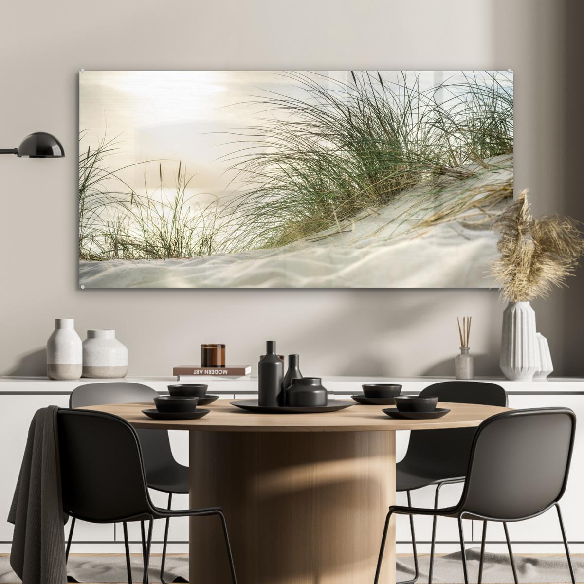 ACRYLGLASBILD Dünen mit Strandhafer in der Sonne des Nationalparks Schleswig-Holsteinisches Wattenmeer 120x60 cm - Creme, Glas (120/60cm) - MuchoWow