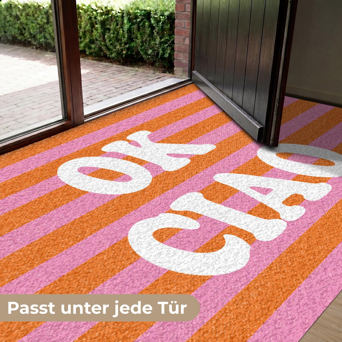 FUSSMATTE Ciao - Zitat - Streifen Sauberlaufmatte 180x120 cm - Orange, Kunststoff (180/0.4cm) - MuchoWow
