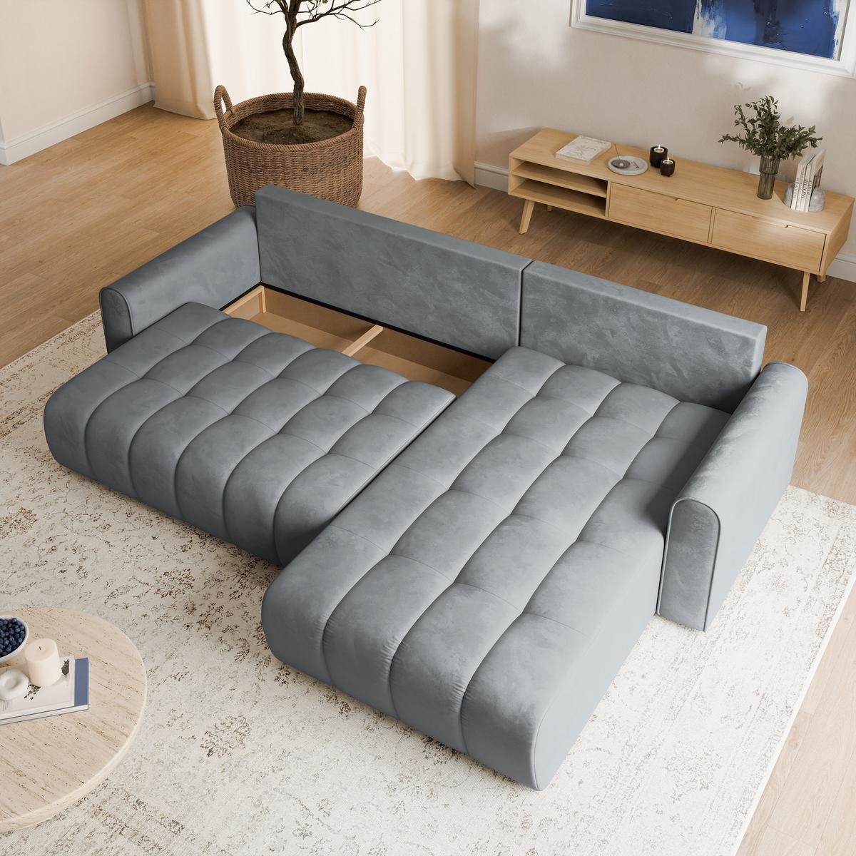 ECKSOFA FRIGA Grau Velours-Stoff mit Schlaffunktion - Grau, Holz (283/185cm) - MASSENO