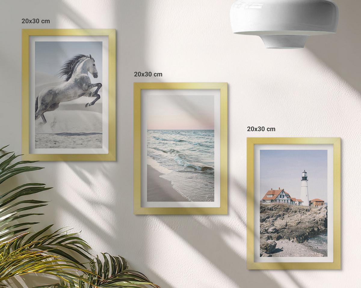 BILDER SET 3er Set - 20x30 cm Goldrahmen - Pferde, Strand, Leuchtturm, Wellen - Goldfarben, Kunststoff (20/30cm) - TULUP