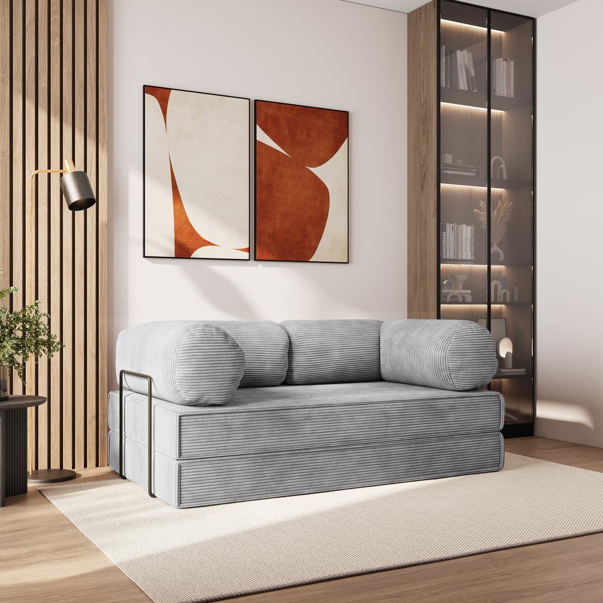 BETTSOFA ALVIO aus Schaumstoff Cordstoff Hellgrau Schlaffunktion - Hellgrau, Textil (170/68/80cm) - MASSENO
