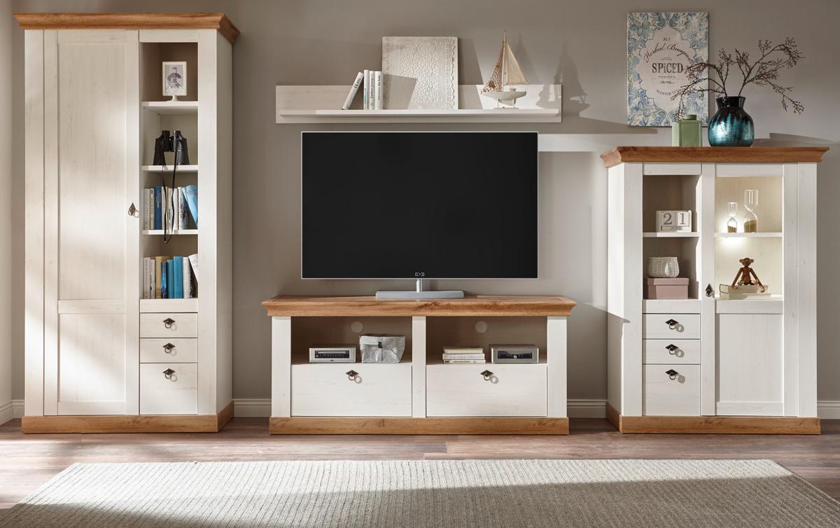 WOHNWAND weiß Pinie, Eiche Landhaus 376 cm 4-teilig, Schrankwand im Landhaus-Stil - Silberfarben/Eiche Wotan, Glas/Holzwerkstoff (376/376/52cm) - Furn.Design