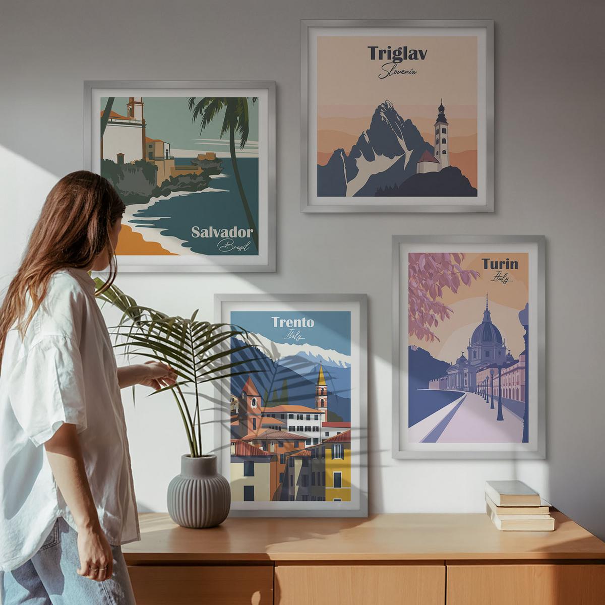 BILDER SET 4er Set - 50x50 cm & 40x60 cm Silberner Rahmen - Illustrationen zur Retro-Architektur der Berge - Silberfarben, Kunststoff (50/50cm) - TULUP