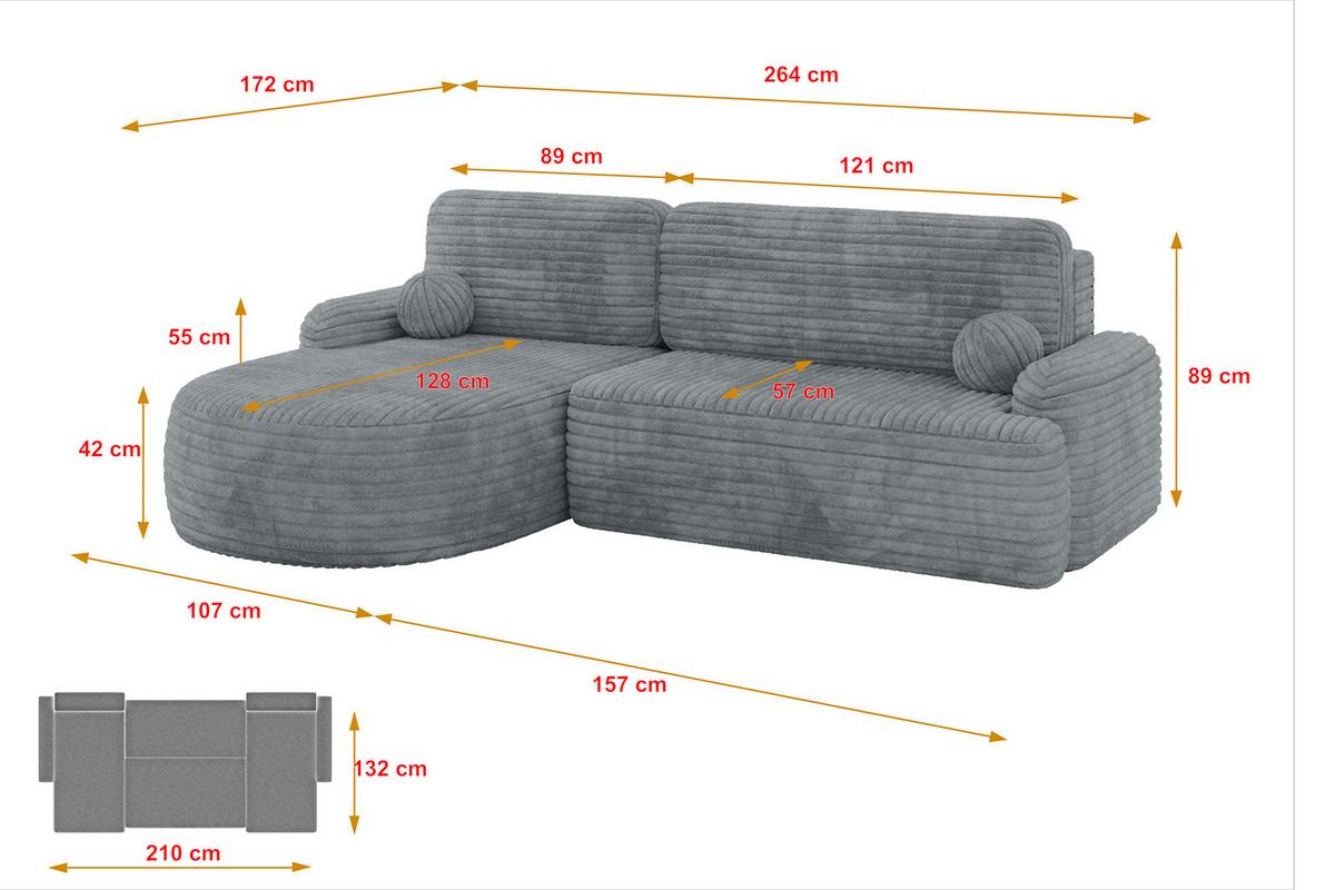 ECKSOFA mit Schlaffunktion und Bettkasten LIRA-L - 264x172x89 Dunkelgrau - Dunkelgrau, Holzwerkstoff/Textil (264/172cm) - ALTDECOR