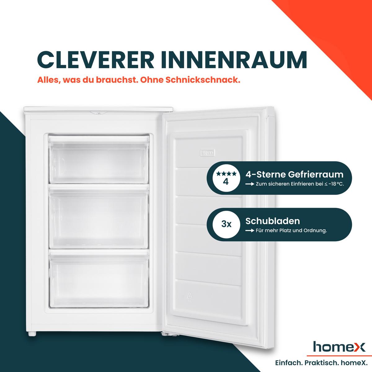 GEFRIERSCHRANK klein - 87L Nutzinhalt, 4-Sterne Gefrieren, kompakt und freistehend, leise, weiß - Weiß, Kunststoff/Metall (55/85/58cm) - homeX