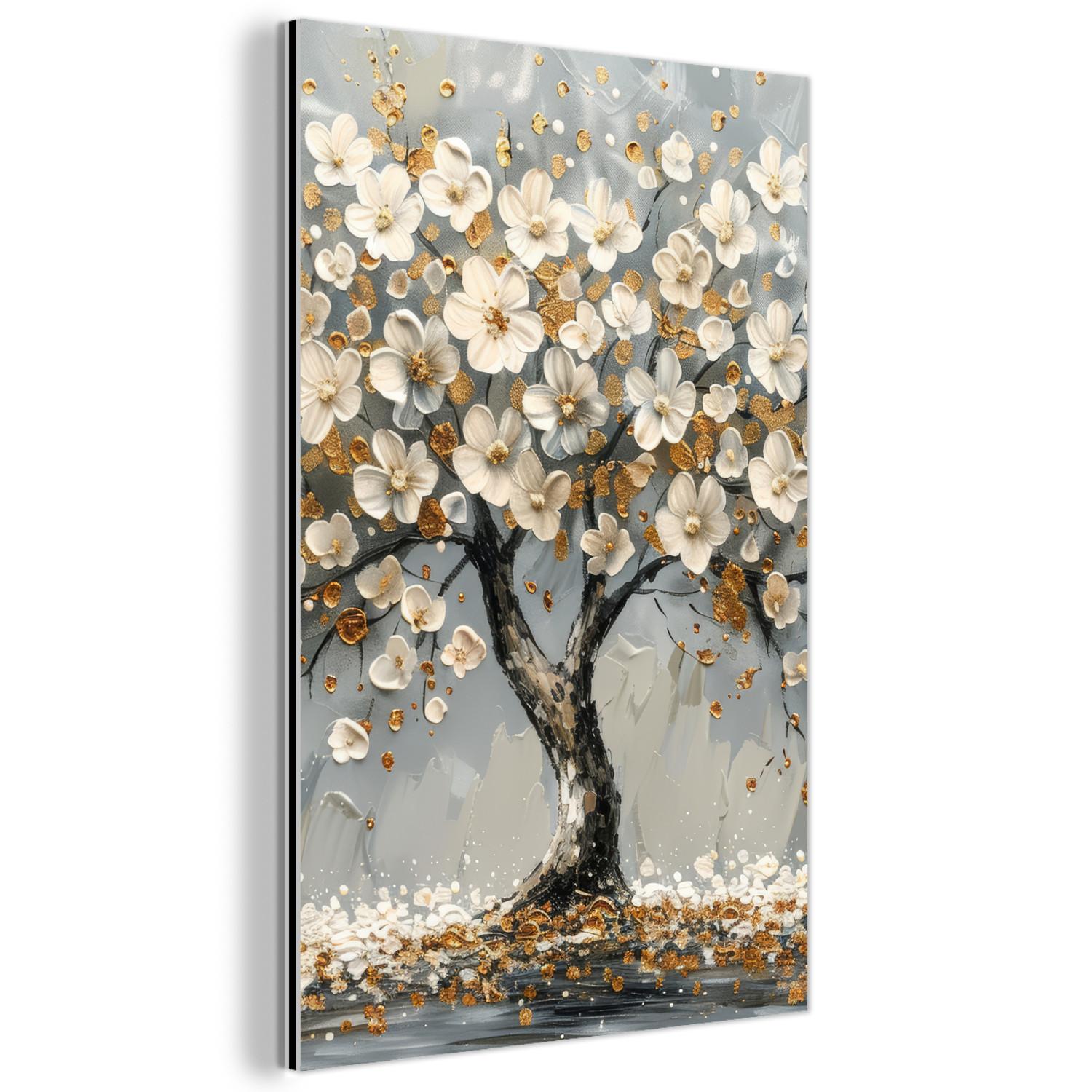 METALLBILD Baum - Blumen - Weiß - Natur - Kunst Deko Wohnzimmer 60x90 cm - Weiß, Metall (60/90cm) - MuchoWow