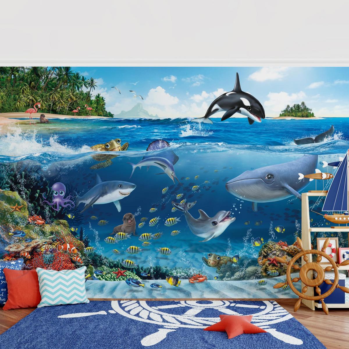FOTOTAPETE Unterwasserwelt mit Tieren 288/190 cm - Blau, Papier (288/190cm) - Bilderwelten