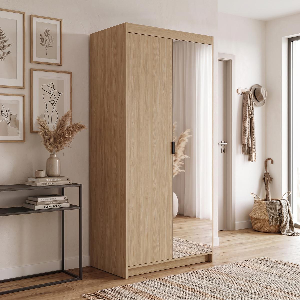 DREHTÜRENSCHRANK Elena mit 2 Türen und Spiegel, 90 cm, Eiche Geölt - Eichefarben, Holzwerkstoff (90/190/53cm) - Beautysofa