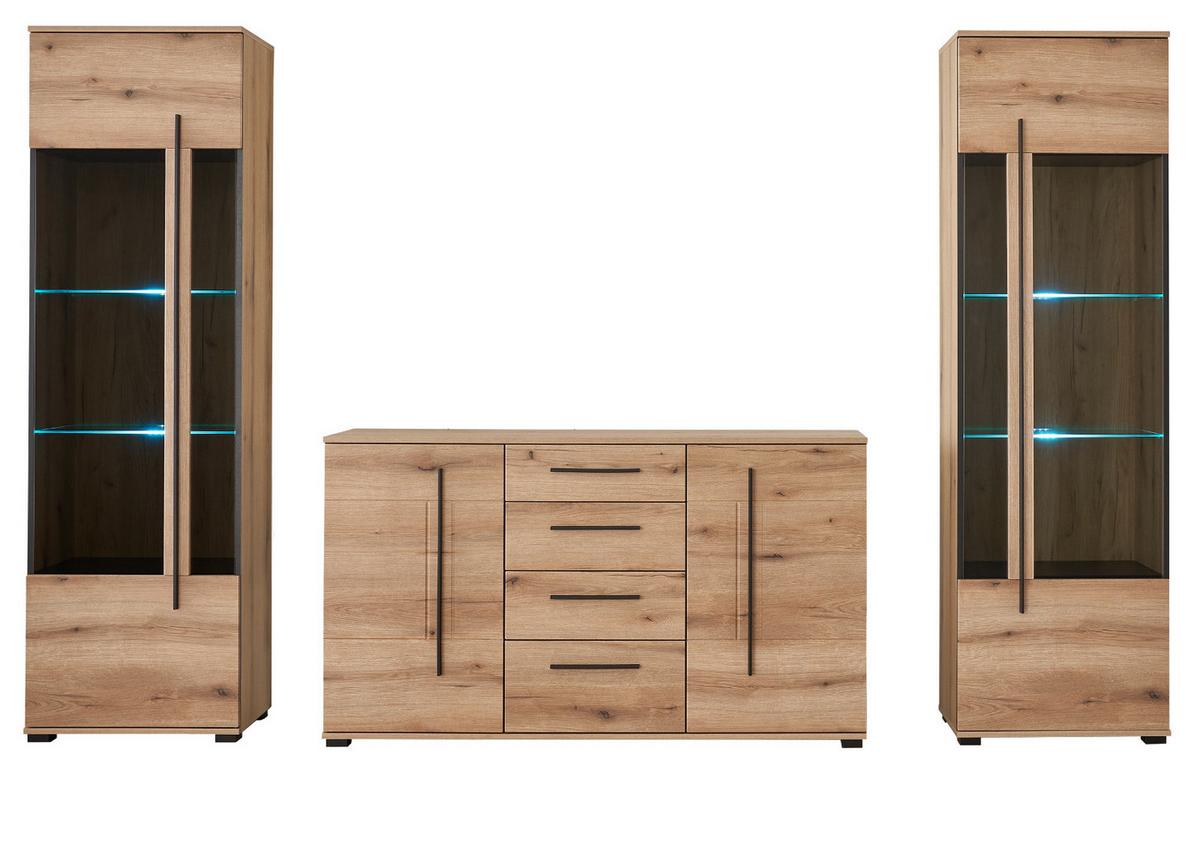 WOHNWAND Eiche Evoke, Wohnkombination 3-teilig mit Beleuchtung - Eichefarben/Schwarz, Glas/Holzwerkstoff (290/200/42cm) - Furn.Design
