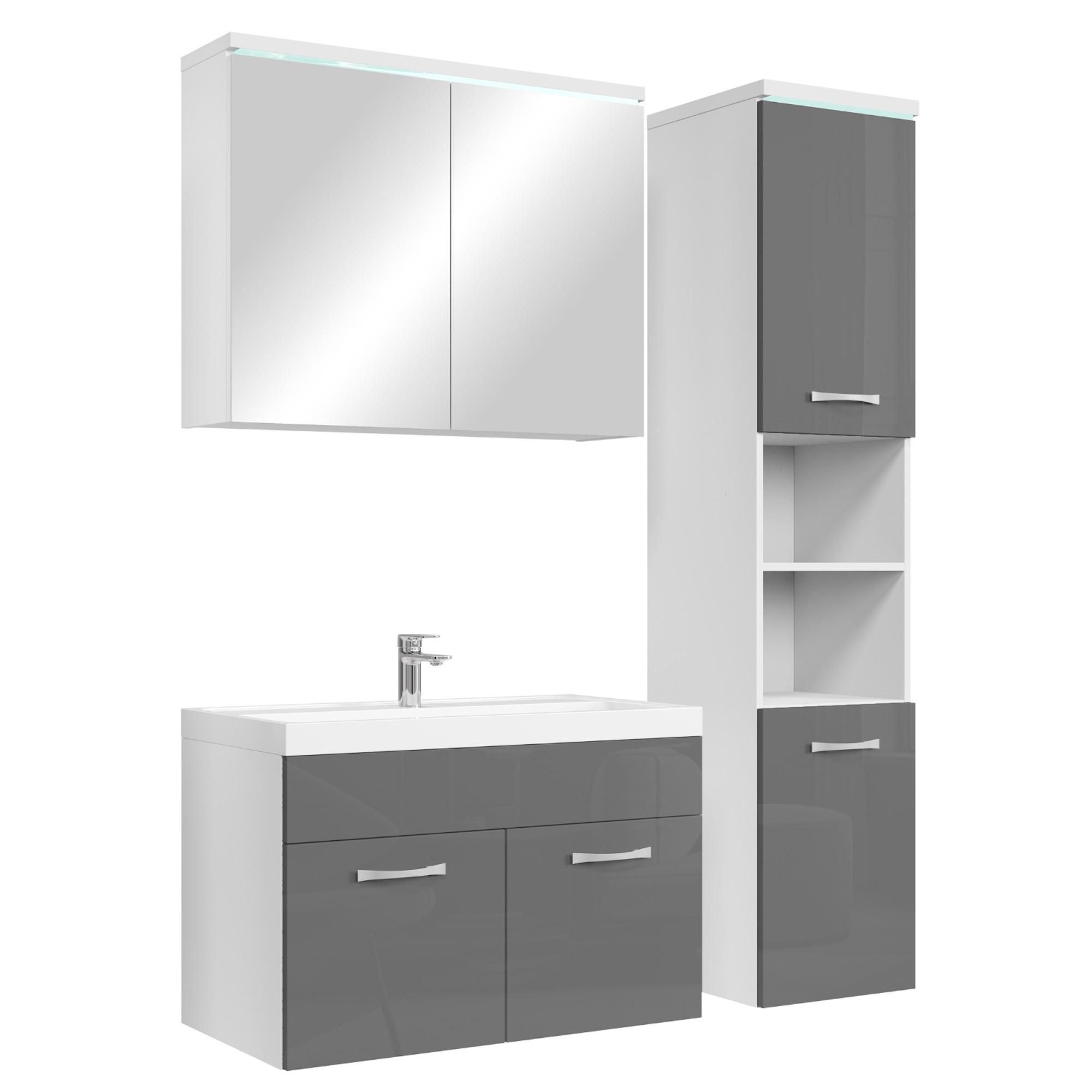 BADMÖBEL-SET Paso LED 4 Teile Weiß mit Hochglanz Grau - 80 x 35 x 55 cm - Weiß/Grau, Holz (80/55/40cm) - Badplaats