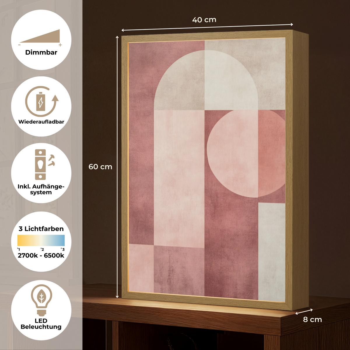WANDLEUCHTE MIT AKKU Figuren - Abstrakt - Rosa 40x60 cm - Altrosa, Holzwerkstoff (40/60/8cm) - OnlyWow