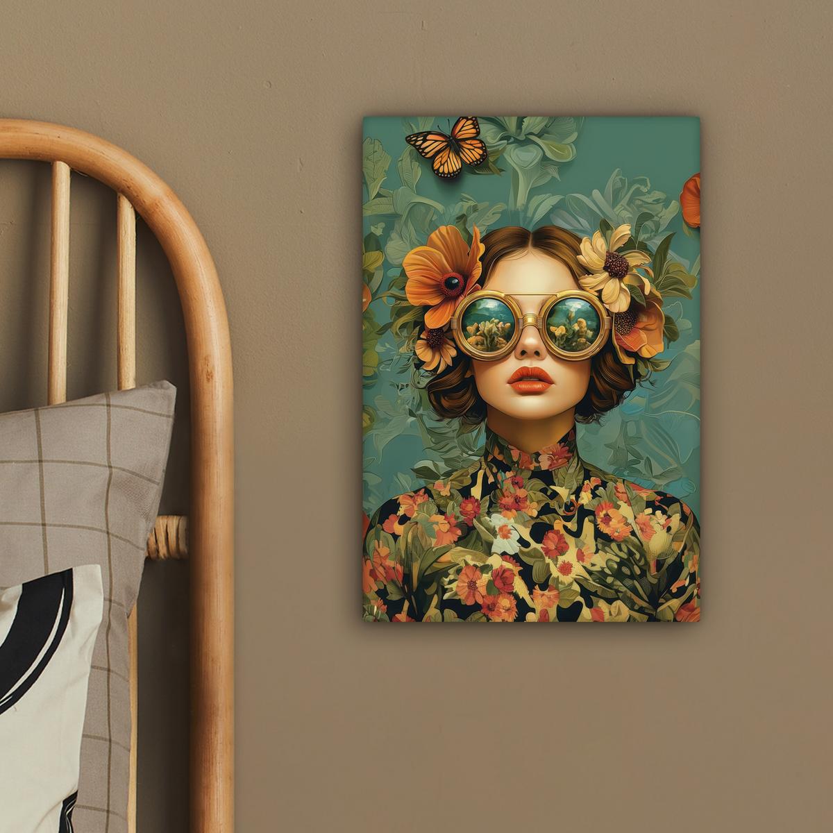 LEINWANDBILD Frau - Blumen - Schmetterlinge - Natur - Vintage Deko Wohnzimmer 20x30 cm - Salbeigrün, Textil (20/30cm) - MuchoWow