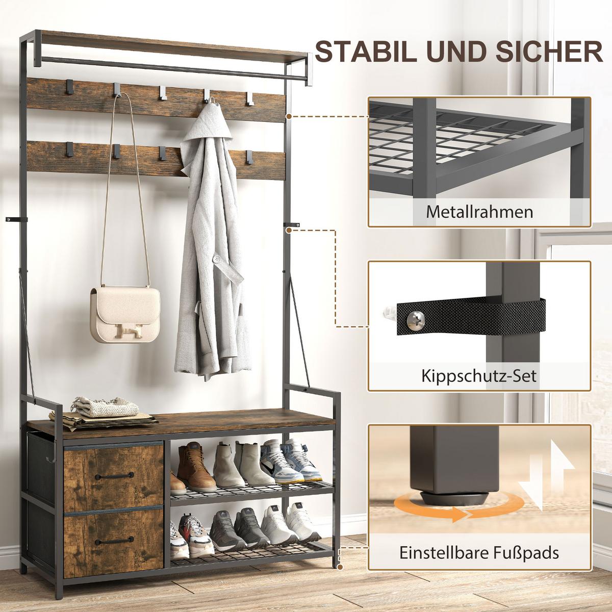 GARDEROBENSTÄNDER mit Sitzbank 100/40/180 cm - Braun, Holzwerkstoff (40/180/100cm) - HOMCOM