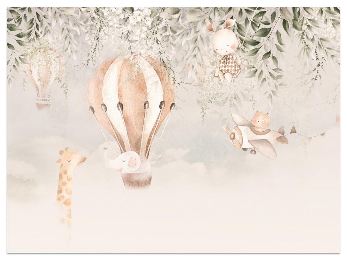 FOTOTAPETE für Kinderzimmer Tiere Wolken Ballons Giraffe Sonne 450x315 - Beige/Braun, Papier (450/315cm) - Muralo
