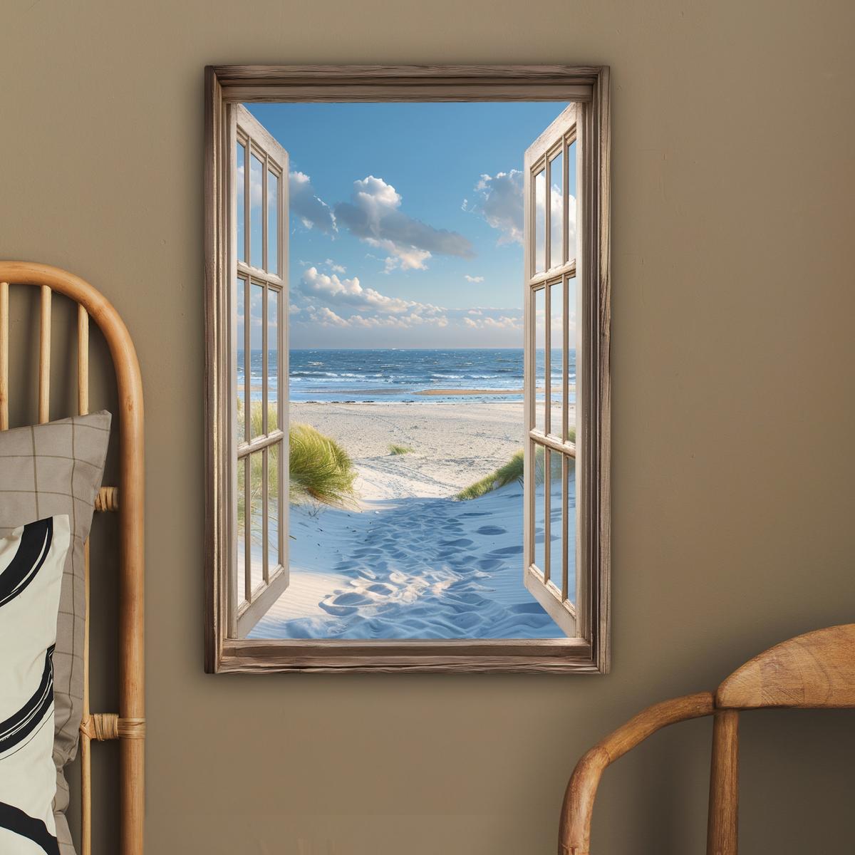 LEINWANDBILD Aussicht - Strand - Fenster - Dünen - Meer Wanddeko 40x60 cm - Hellblau, Textil (40/60cm) - MuchoWow