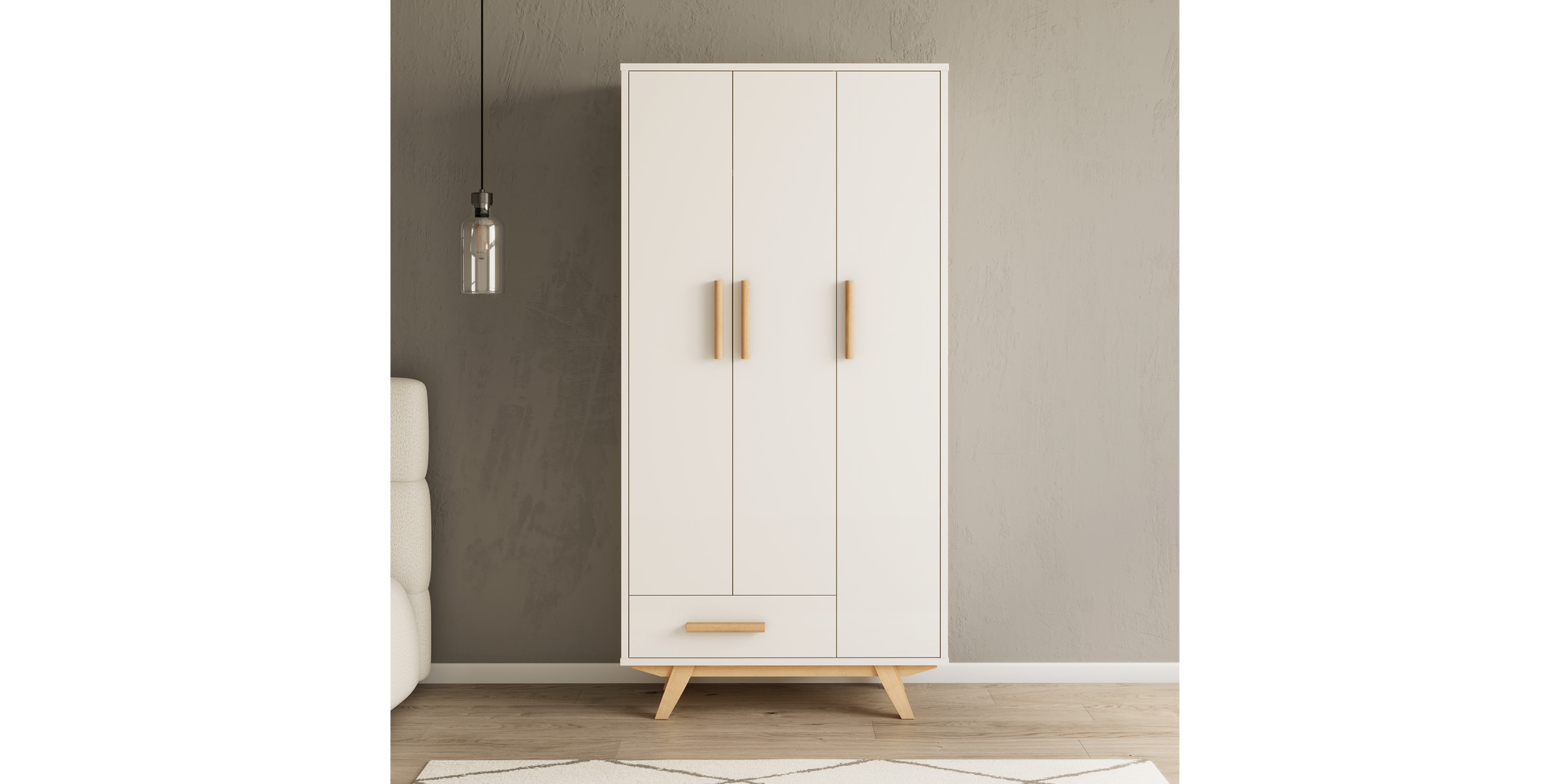 Weißer Kleiderschrank mit Holzfüßen