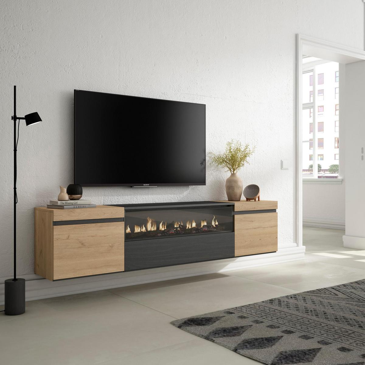 LOWBOARD mit Elektrokamin, Hängend, Eiche, Schwarz, 200/35/45cm - Eichefarben/Naturfarben, Holzwerkstoff (200/45/35cm) - Skraut Home