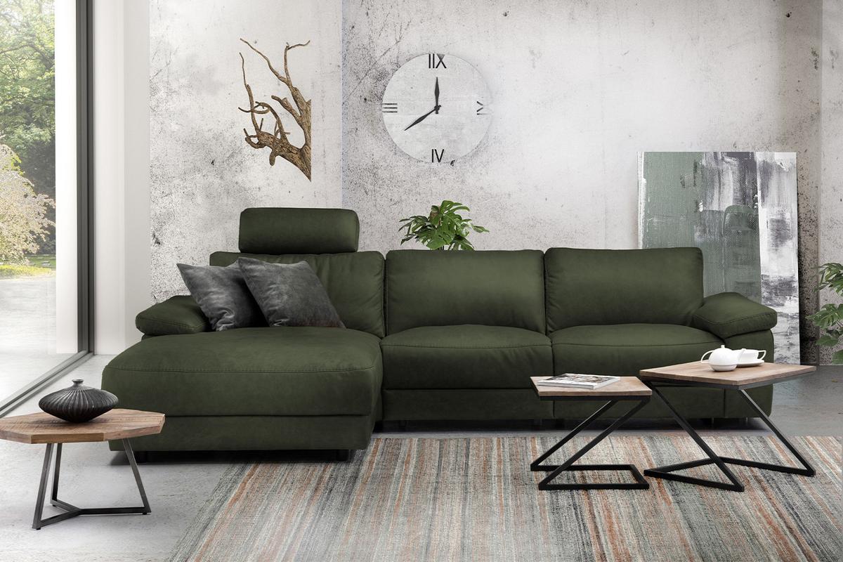 ECKSOFA XL MOTORISCHER RELAXFUNKTION LOLA Dunkelgrün Leder Relaxfunktion - Dunkelgrün/Schwarz, Leder (304/178cm) - KAWOLA