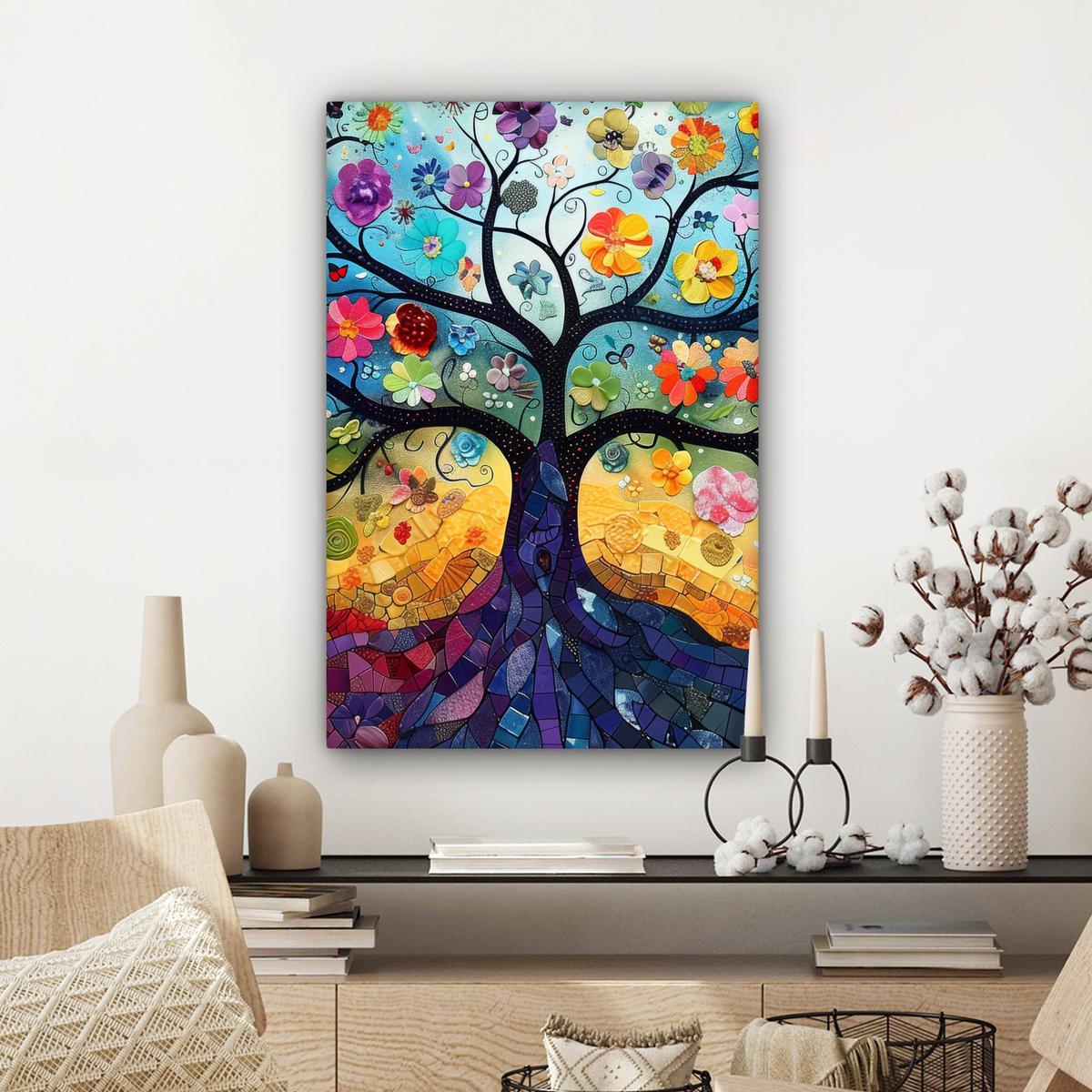 LEINWANDBILD Kunst - Baum des Lebens - Blumen - Hippie Wanddeko Schlafzimmer 60x90 cm - Dunkelblau, Textil (60/90cm) - MuchoWow