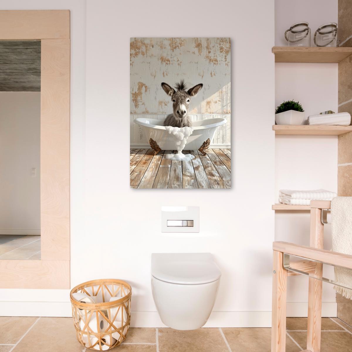 LEINWANDBILD Esel - Tiere - Badewanne - Schaumstoff Wanddeko Schlafzimmer 60x90 cm - Weiß, Textil (60/90cm) - MuchoWow