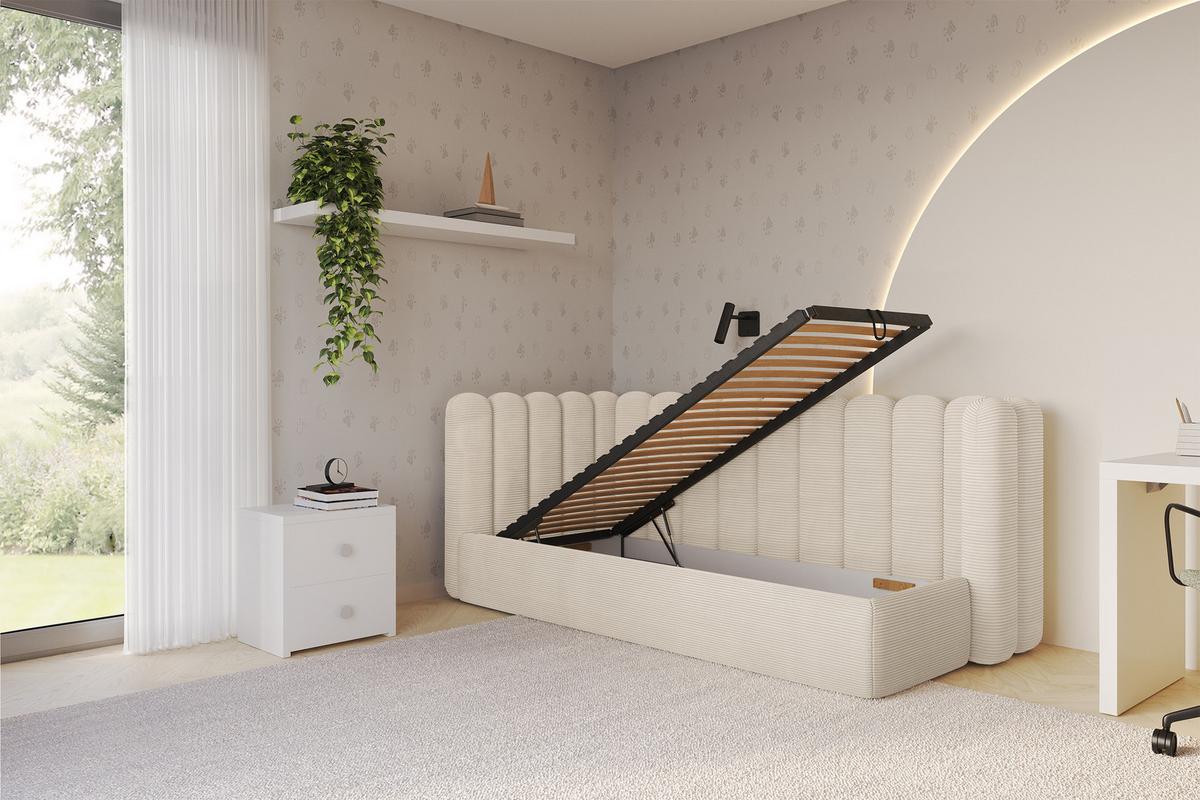 EINZELLBETT Jugendbett mit Bettkasten und Matratze H3/H4, Rechts - HUGY 100x200 Beige - Creme, Holzwerkstoff/Textil (100/200cm) - ALTDECOR
