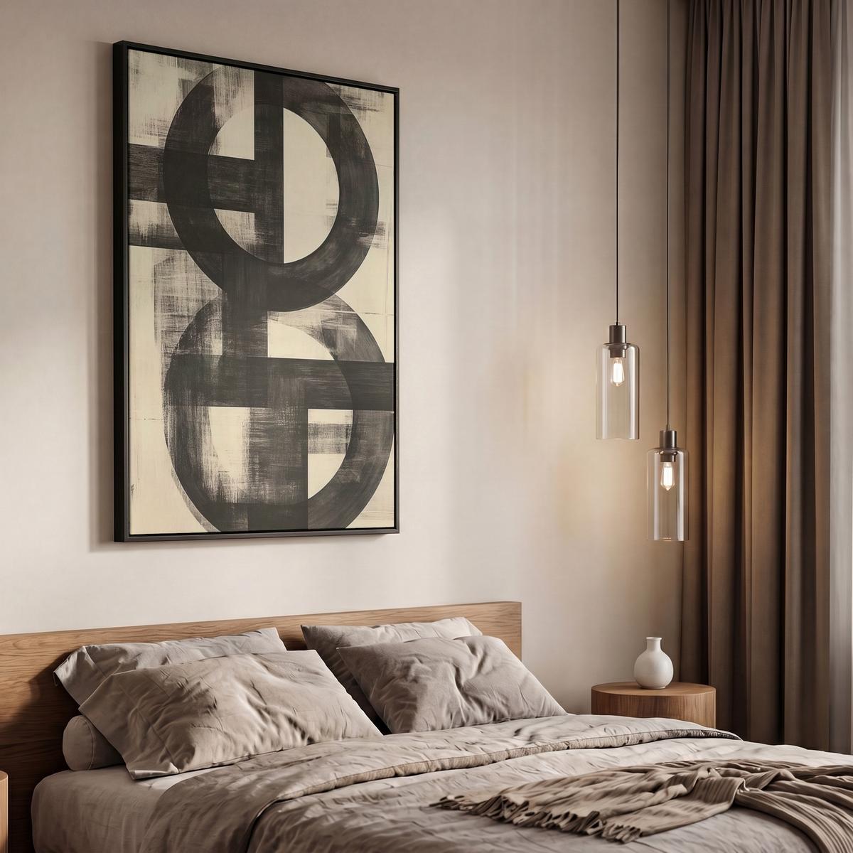 LEINWAND Bilder mit Rahmen - Kreise - Balken - Schwarz - Abstrakt - 60x90 - Schwarz, Textil (60/90cm) - MuchoWow