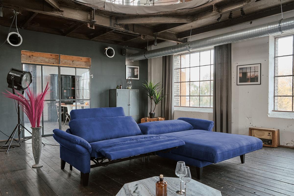 ECKSOFA MIT MOTORISCHER RELAXFUNKTION MALTA Blau Webstoff Relaxfunktion - Blau/Schwarz, Buchenholz/Textil (302/175cm) - KAWOLA