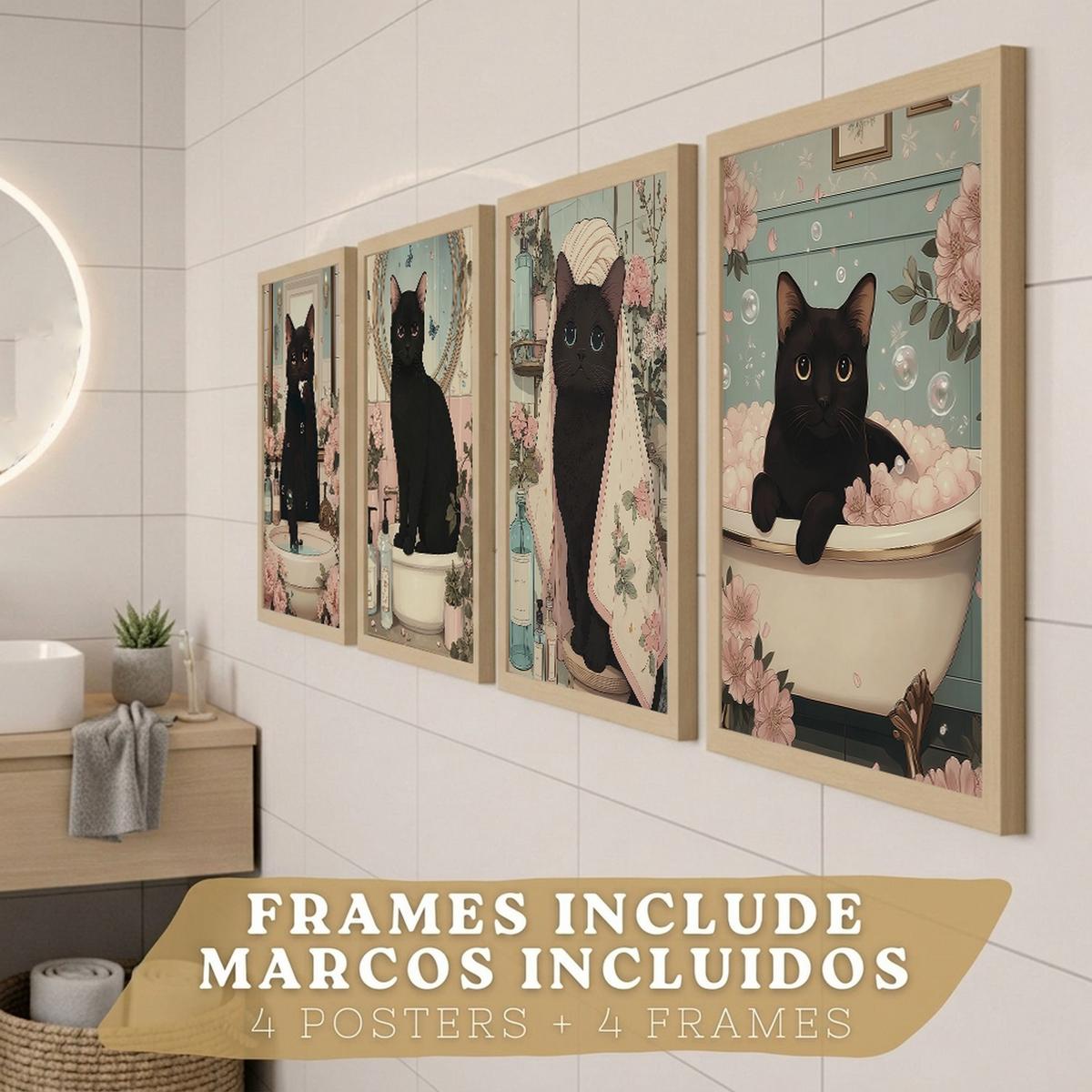 POSTER 4er-Set dekorative Kunstdrucke, schwarze Katze im Badezimmer, niedliches Blumenposter für Toilette, sanfter Leichter Holzrahmen A4 - Beige, Papier (29.7/21/3cm) - Nacnic