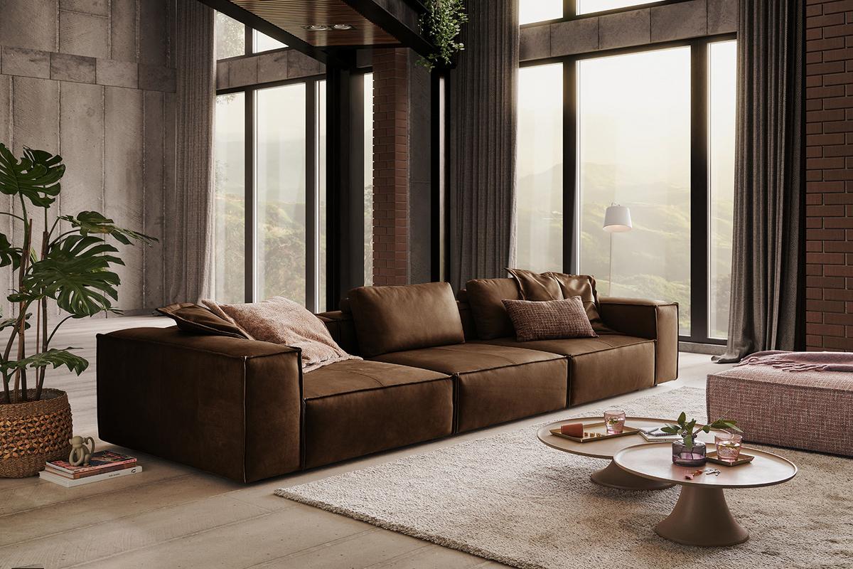 SOFA CARMO Braun Leder - Schwarz/Braun, Leder/Kunststoff (366/68/118cm) - KAWOLA