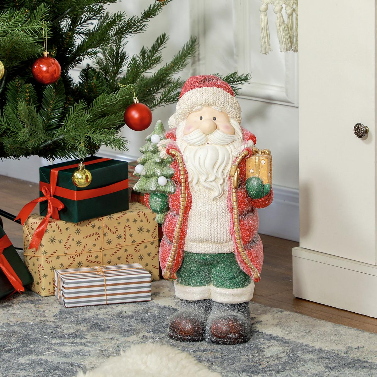 WEIHNACHTSDEKO Figur 50 cm Weihnachtsmann mit Weihnachtsbaum und Geschenk - Multicolor, Metall (21/50/26.5cm) - HOMCOM