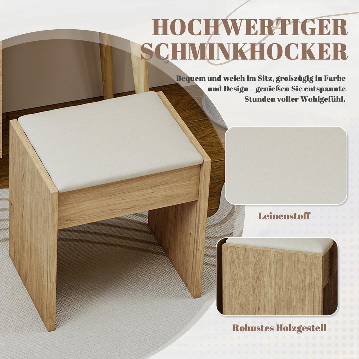 SCHMINKTISCH mit Hocker Naturholzoptik mit versenkbarem Spiegel, 5 Schubladen - Naturfarben, Holzwerkstoff (123/120/40cm) - Urban Meuble
