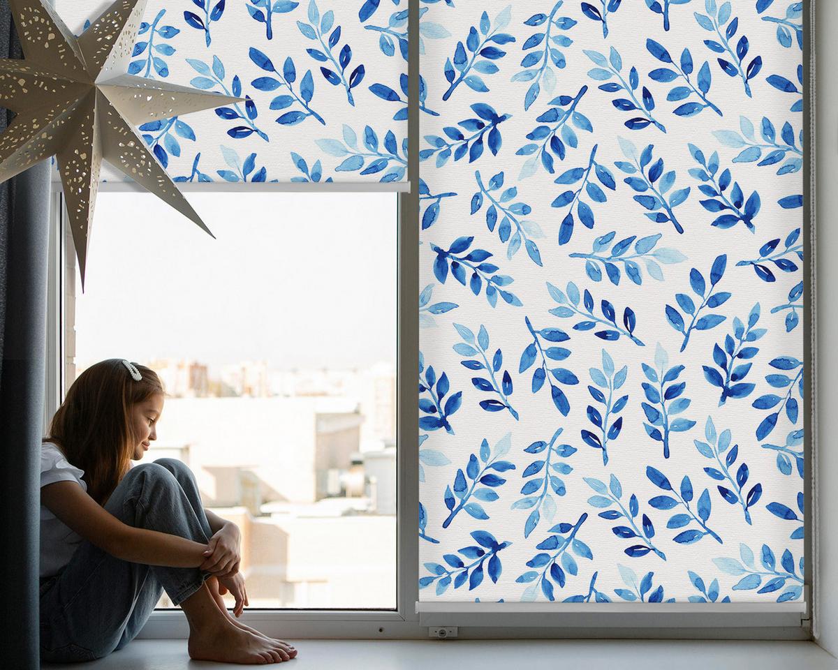 INNENROLLO - Fensterrollo - Rollo - 70x140 cm - Blaue Blätter - Blau, Kunststoff (70/140/0.5cm) - TULUP