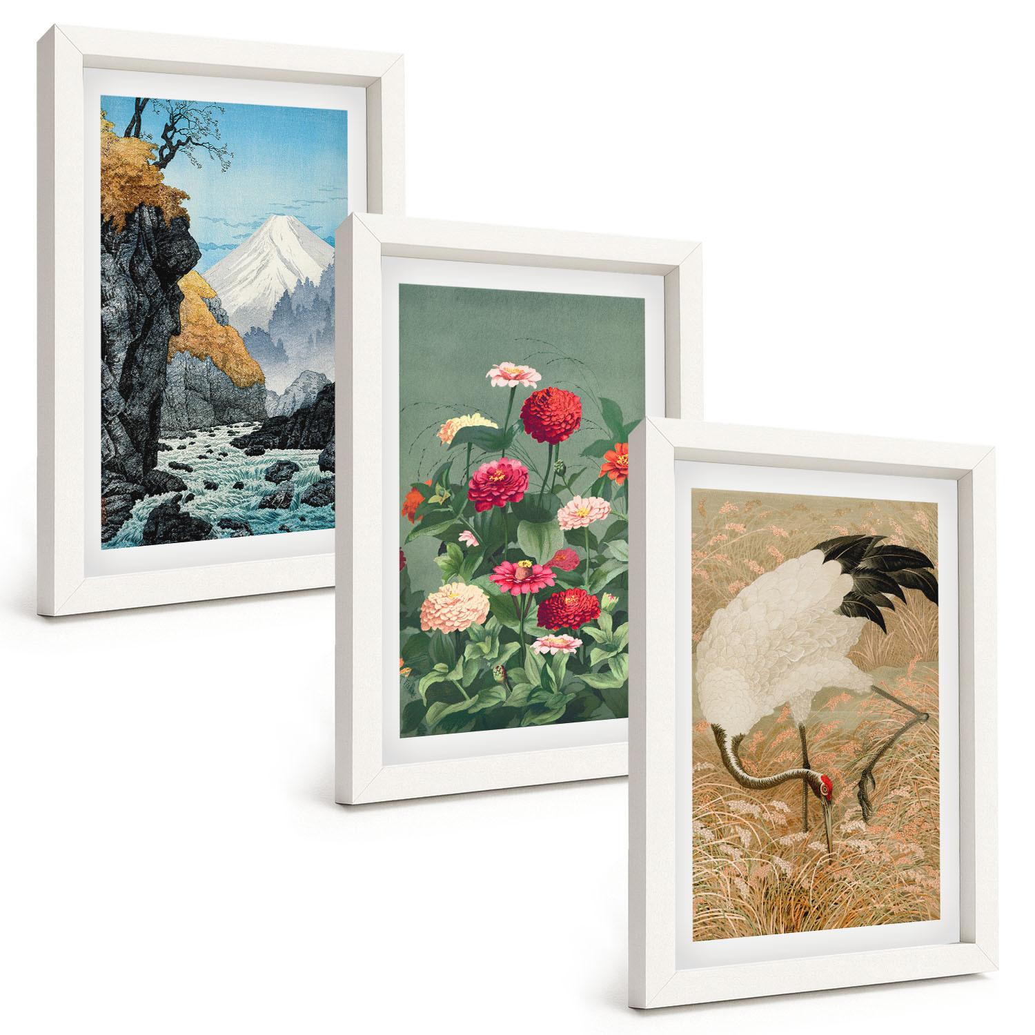 BILDER SET 3er Set - 20x30 cm Weißer Rahmen - Berglandschaft, Fluss, Blumen, Kraniche - Weiß, Kunststoff (20/30cm) - TULUP