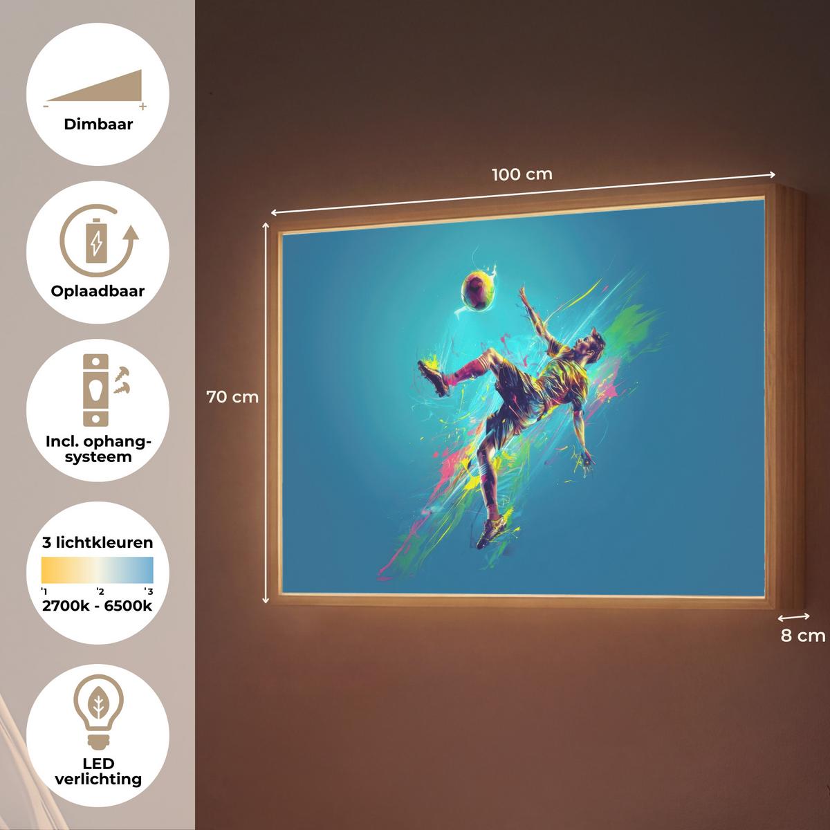 WANDLEUCHTE MIT AKKU Fußballer - Farbspritzer - Farbenfroh - Ball 100x70 cm - Blau, Holzwerkstoff (100/70/8cm) - OnlyWow