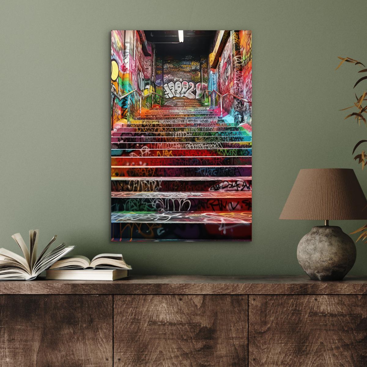 METALLBILD Treppe - Graffiti - Farben - Kunst Deko Schlafzimmer 40x60 cm - Multicolor, Metall (40/60cm) - MuchoWow