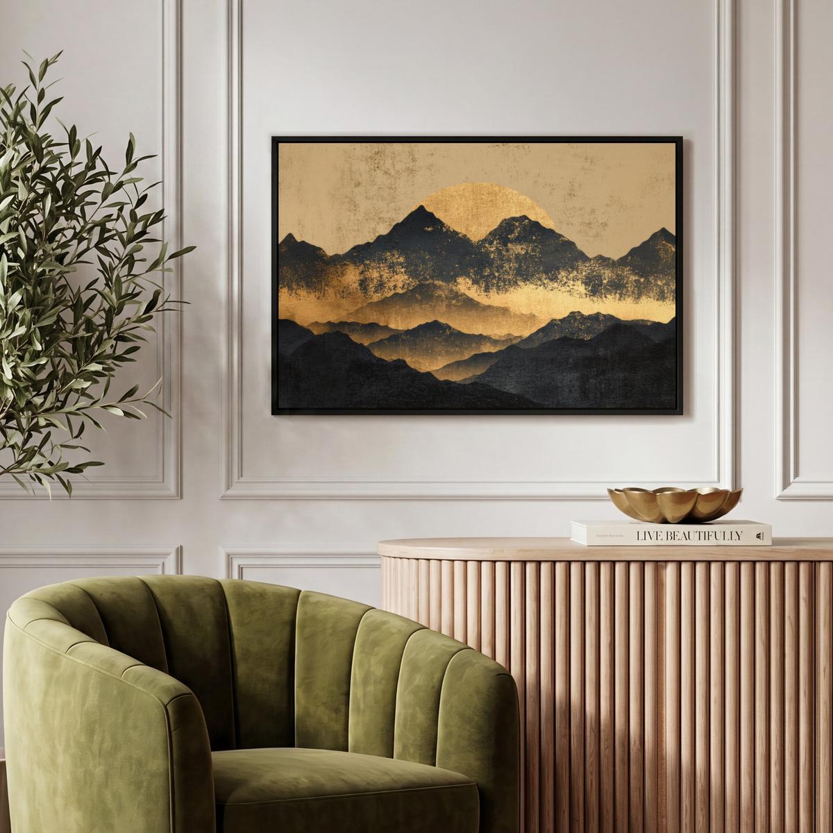 LEINWAND Bilder mit Rahmen - Goldene Berge bei Mondschein - 60x40 - Goldfarben, Textil (60/40cm) - MuchoWow