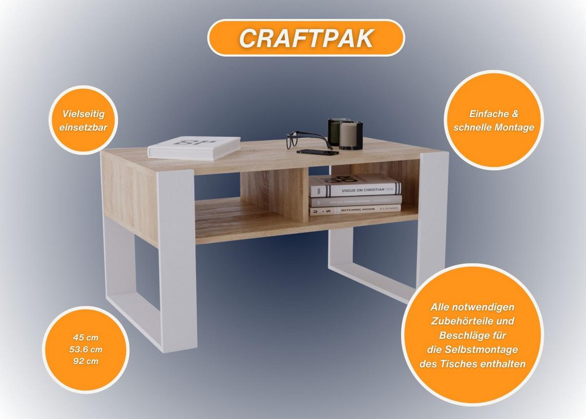 COUCHTISCH Holzwerkstoff rechteckig stabil Sonoma Eiche 45/53,6/92cm - Weiß/Sonoma Eiche, Holzwerkstoff (53.6/92/45cm) - CraftPAK