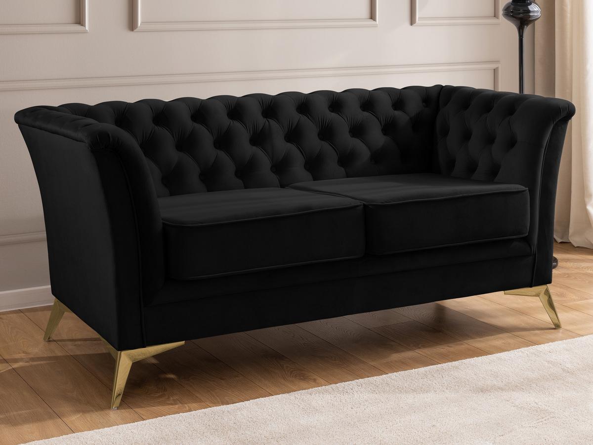 CHESTERFIELD-SOFA 2-sitzer Whitby Schwarz Samt mit goldenen Füßen - Goldfarben/Schwarz, Holz/Textil (175/78/82cm) - S-Style Möbel