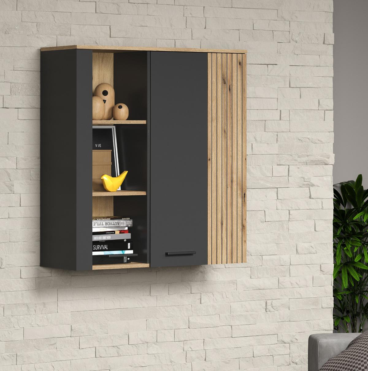 HÄNGEVITRINE grau, Evoke Eiche, Vitrine hängend 90 x 99 cm - Eichefarben/Schwarz, Glas/Holzwerkstoff (90/99/34cm) - Top.Furn