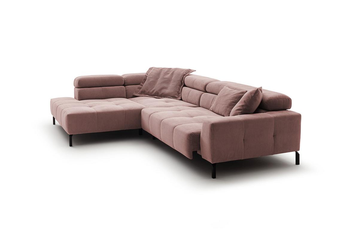 ECKSOFA MIT MOTORISCHEM SITZVORZUG OHIO Pink Cord Relaxfunktion - Schwarz/Rosa, Textil/Metall (311/219cm) - KAWOLA