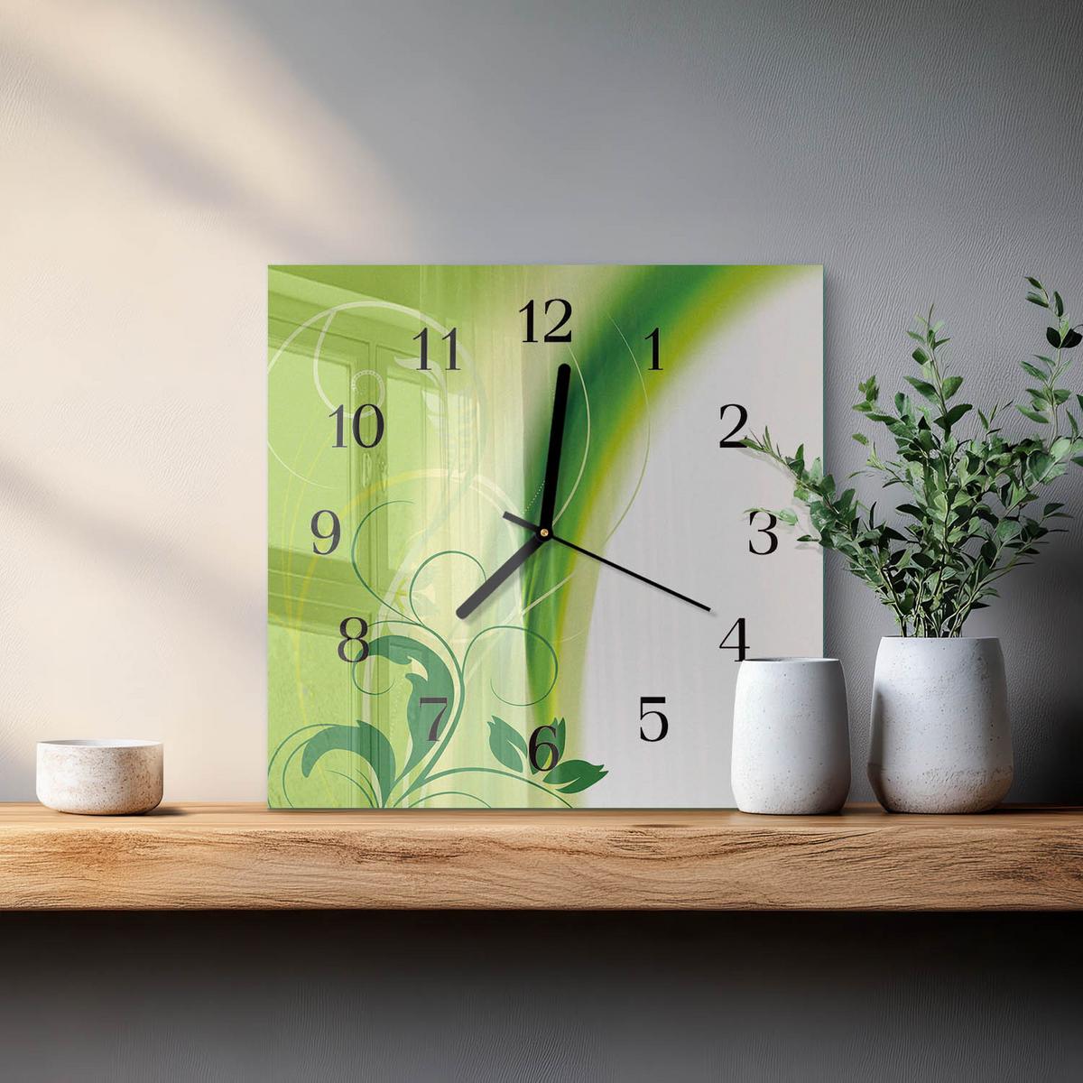 WANDUHR aus Glas 30x30 cm - Blumenmuster - Grün, Glas (30/30/0.4cm) - TULUP