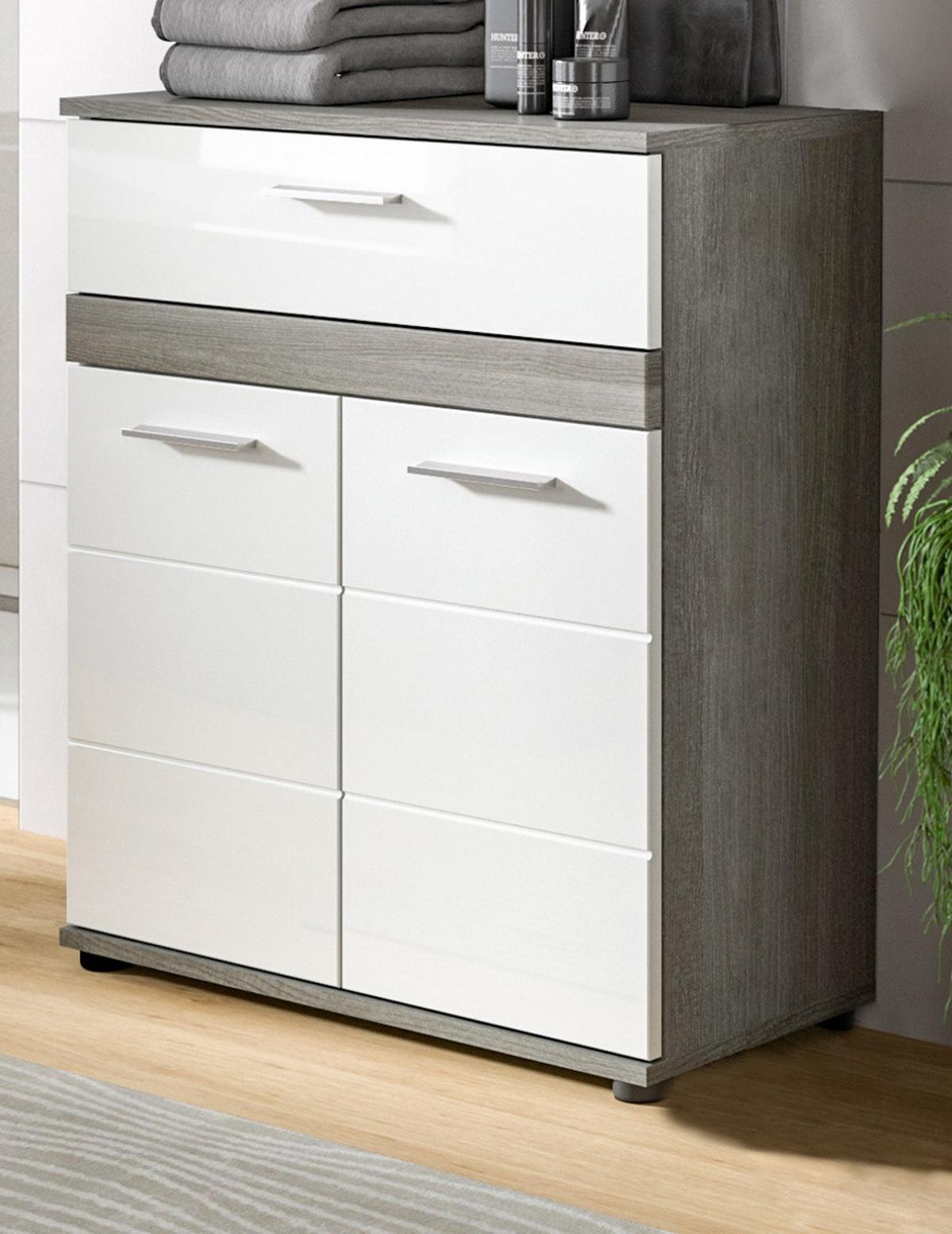 BADKOMMODE weiß Hochglanz, grau 71 cm, Badschrank mit Rillenoptik - Chromfarben/Weiß Hochglanz, Holzwerkstoff/Kunststoff (71/79/31cm) - Inn.Furn