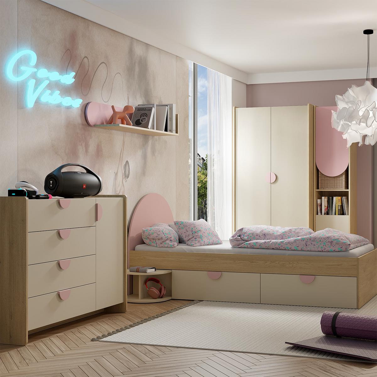 DREHTÜRENSCHRANK Lena mit 2 Türen und 2 Schubladen, 83 cm, für Jugendliche, Eiche Cremona/Macadamia/Puderrosa - Eichefarben/Beige, Holzwerkstoff (83/198/60cm) - Beautysofa