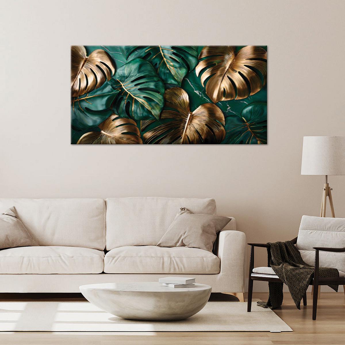 LEINWANDBILD Goldgrüne Monstera-Blätter 120x60cm - Grün, Textil (120/60cm) - Feeby