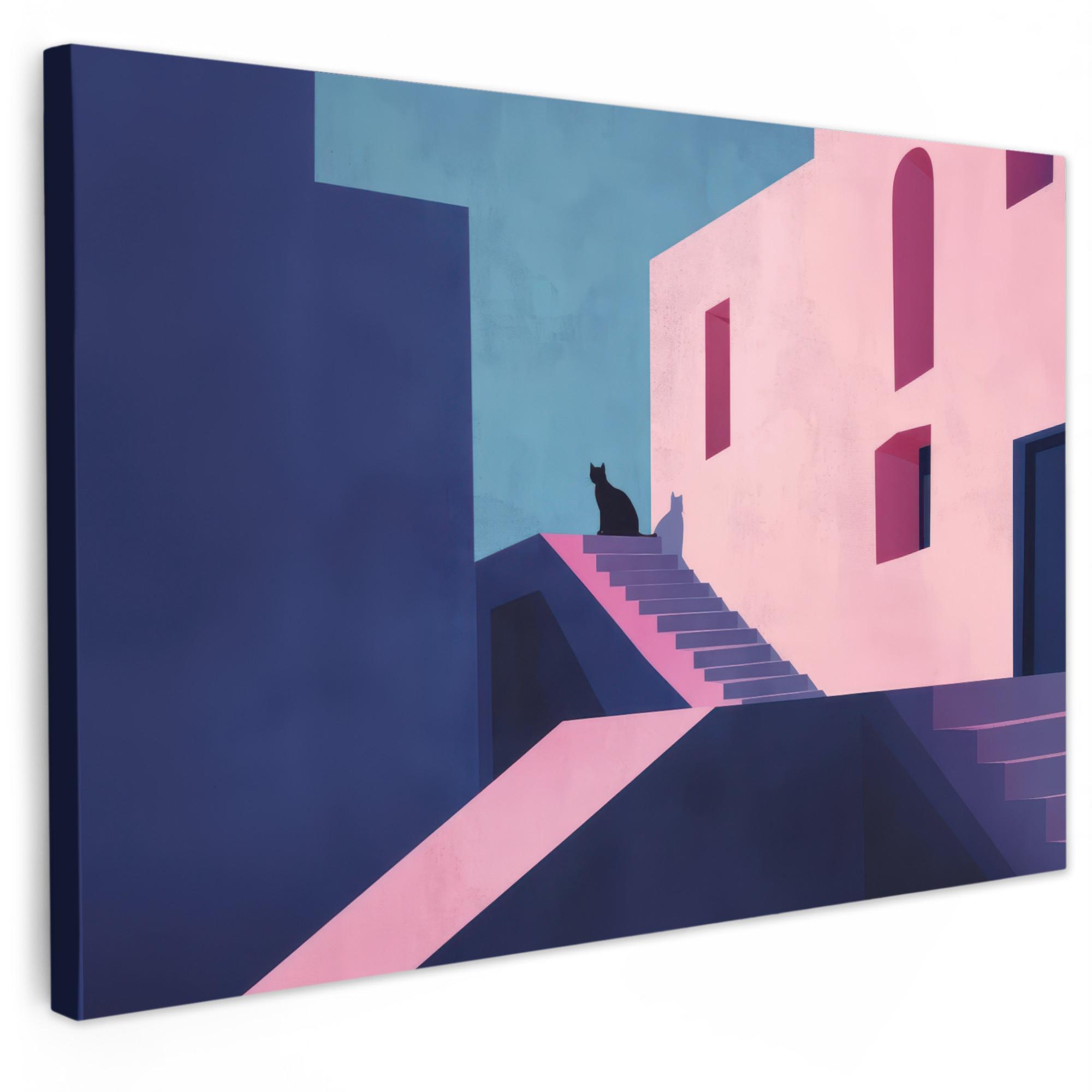 LEINWANDBILD Katze - Treppe - Gebäude - Schattenkontraste Wanddeko 90x60 cm - Dunkelblau, Textil (90/60cm) - MuchoWow