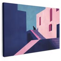LEINWANDBILD Katze - Treppe - Gebäude - Schattenkontraste Wanddeko 90x60 cm - Dunkelblau, Textil (90/60cm) - MuchoWow