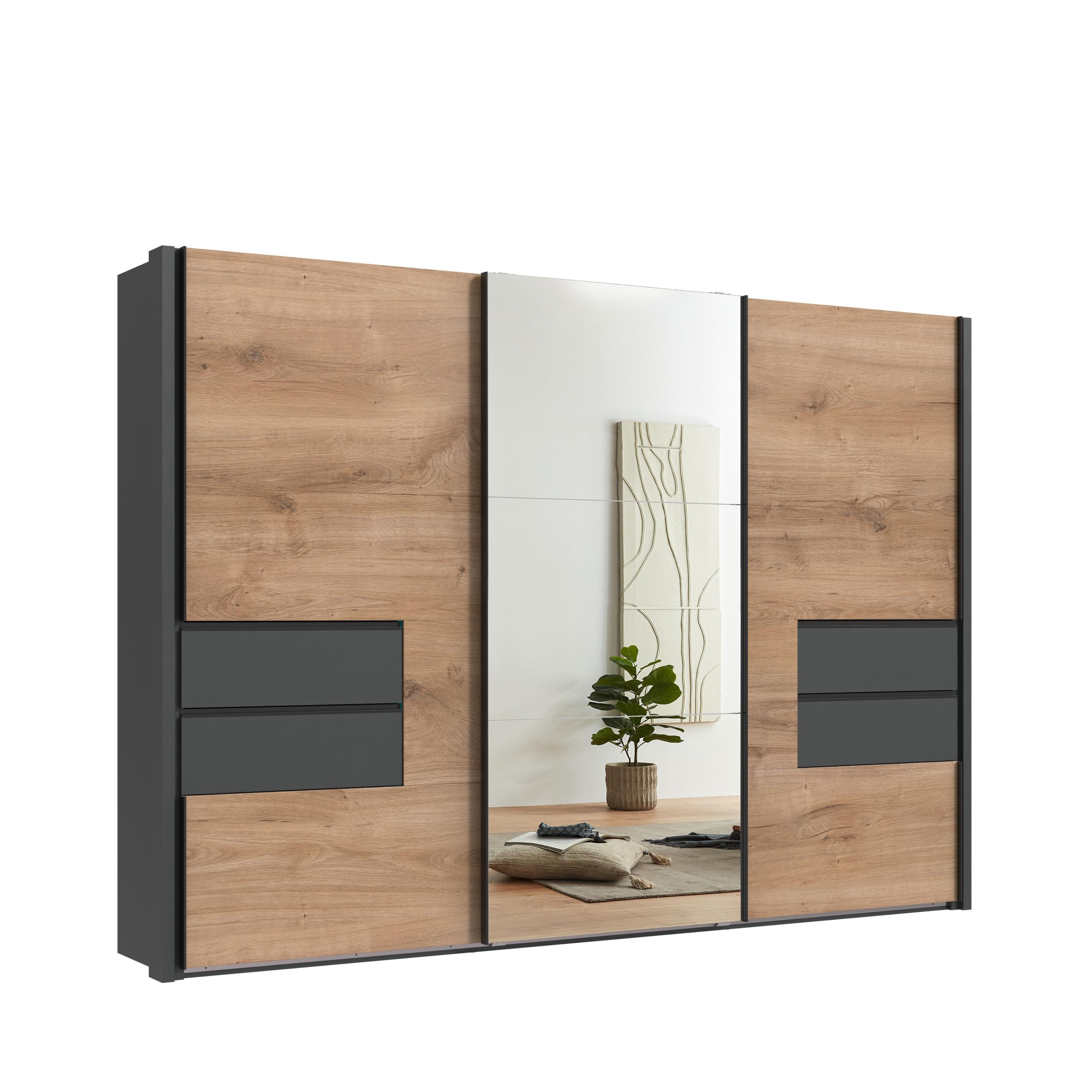 SCHWEBETÜRENSCHRANK 3-türig B312/H216/T65 cm, Korpus& Passepartout&Schubladen Grafit, Türen Eiche Dekor/Spiegel, Kleiderschrank inkl.Vollausst./ 22064 - Eichefarben/Bordeaux, Holzwerkstoff/Metall (312/216/65cm) - luma-home